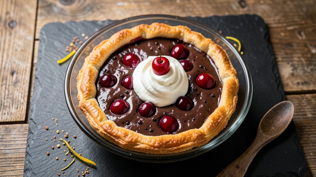 Black Forest Chocolate Pudding Pie Recipe: Coffee-Infused Fudge Layers With Crispy Top