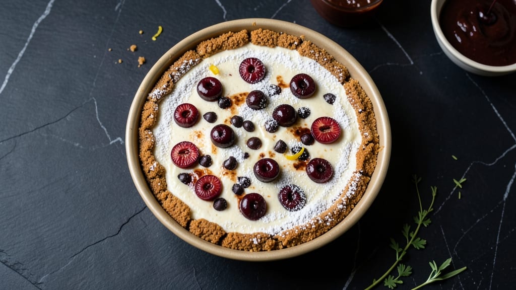 Cherry Chocolate Chip Cheesecake Recipe: Swirled Coffee-Infused Fudge and Crunchy Top