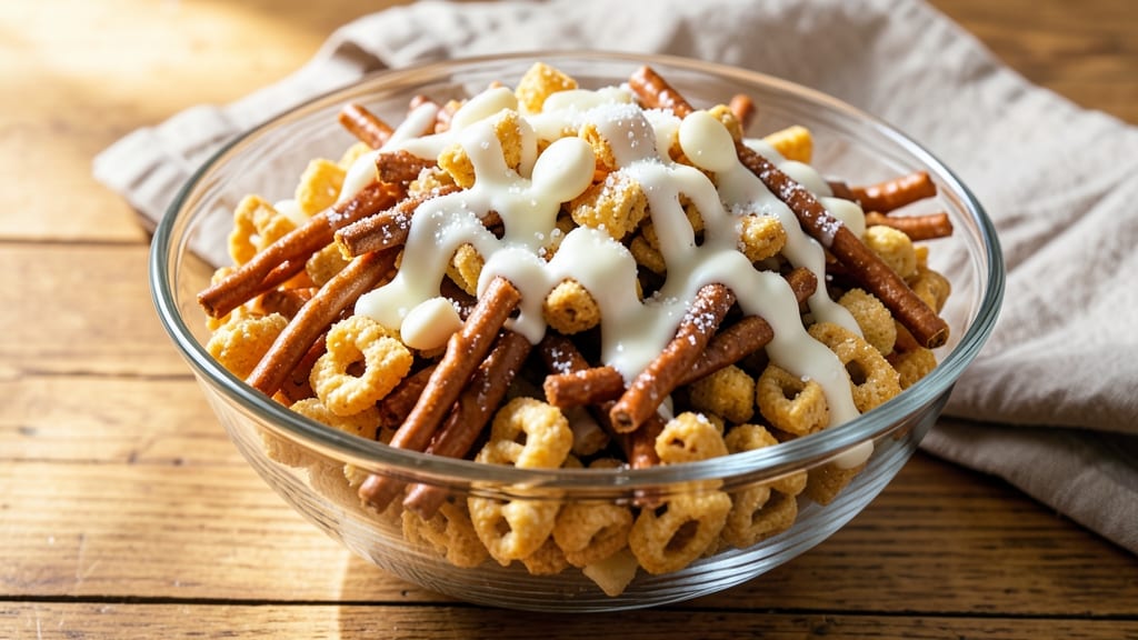 Chex Party Mix With White Chocolate Recipe: Crunchy Snack Tower With Sweet Melting Streaks